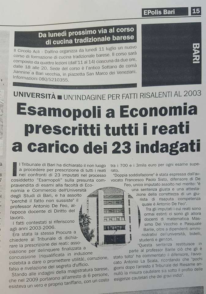 1 Esamopoli a Economia prescritti tutti i reati a carico dei 23 indagati