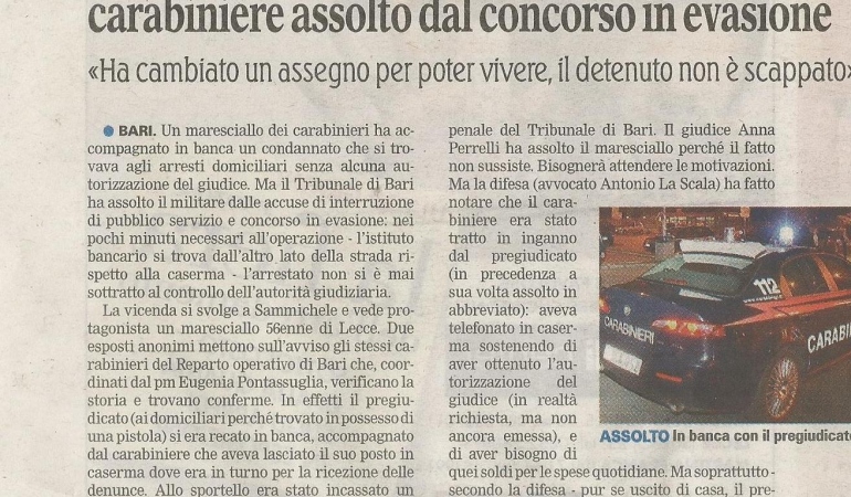 Accompagna in banca un uomo ai domiciliari carabiniere assolto dal concorso in evasione