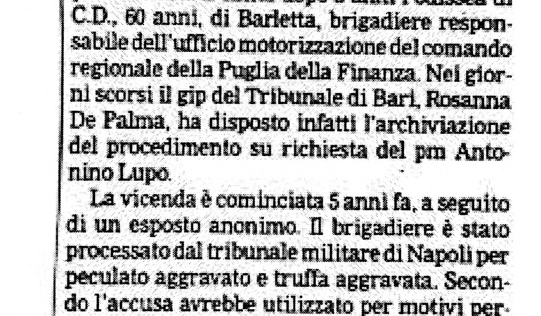 Bari, brigadiere della Finanza assolto dopo cinque anni. «Non abusò dell'auto di servizio»
