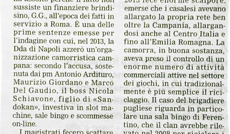 Non riciclò per i Casalesi. Assolto militare brindisino. L'operazione sulla camorra nelle sale bingo.