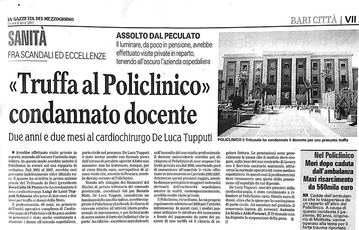 1 Condannato per peculato il primario del reparto di cardiologia del Policlinico di Bari