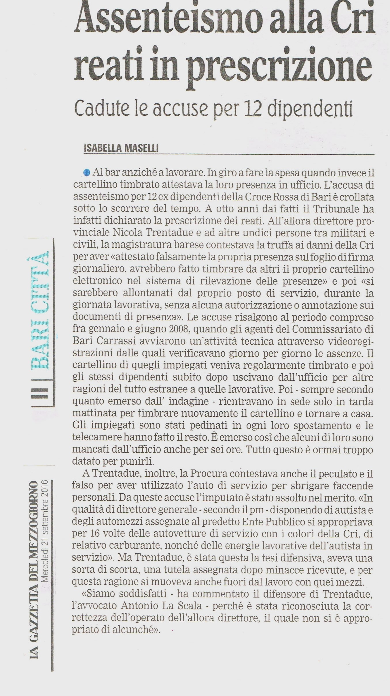 1 Assenteismo alla Cri reati in prescrizione