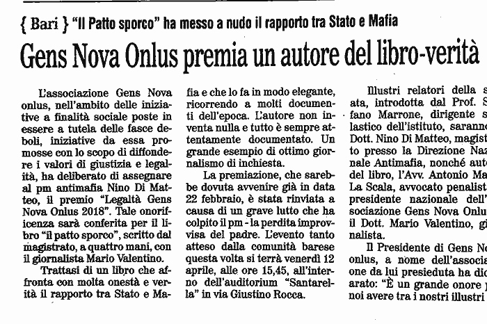 1 Gens Nova Onlus premia il magistrato Nino Di Matteo.