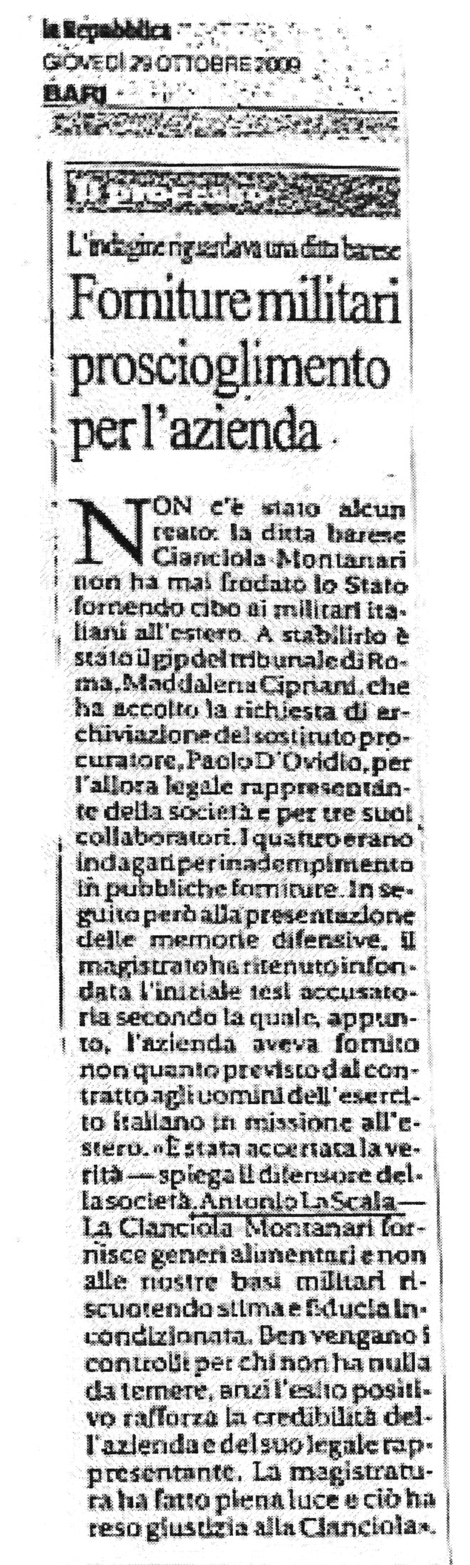 1 Forniture militari, proscioglimento per l'azienda