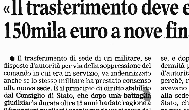 Il trasferimento di sede dei militari deve essere indennizzato