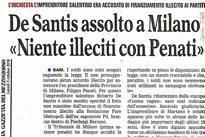 1 Sentenza di assoluzione per l'imprendiitore salentino De Santis