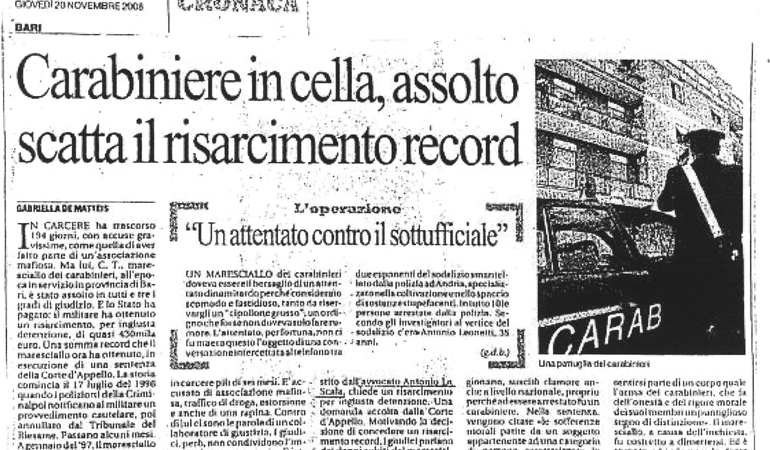 Carabiniere in cella, assolto. Scatta il risarcimento record. 