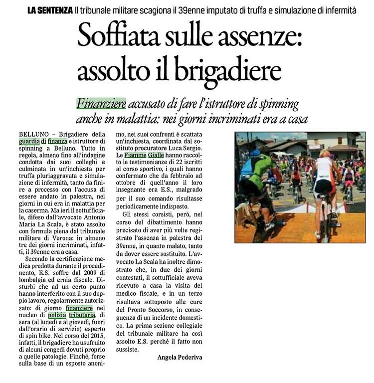 1 Belluno: Assolto il finanziare accusato di fare l'istruttore di spinning anche in malattia.