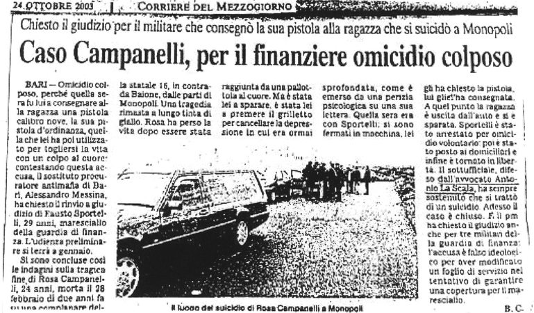 Caso C., per il finanziere omicidio colposo. Chiesto il giudizio per il militare che consegnò la sua pistola alla ragazza che si suicidò a Monopoli