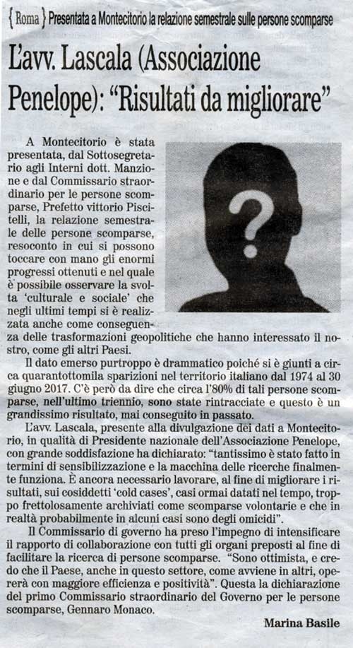 1 Presentata a Montecitorio la relazione semestrale sulle persone scomparse