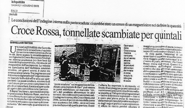 Le conclusioni dell'indagine interna sulla pasta scaduta: ci sarebbe stato un errore di un magazziniere nel definire le quantità. Croce Rossa, tonnellate scambiate per quintali