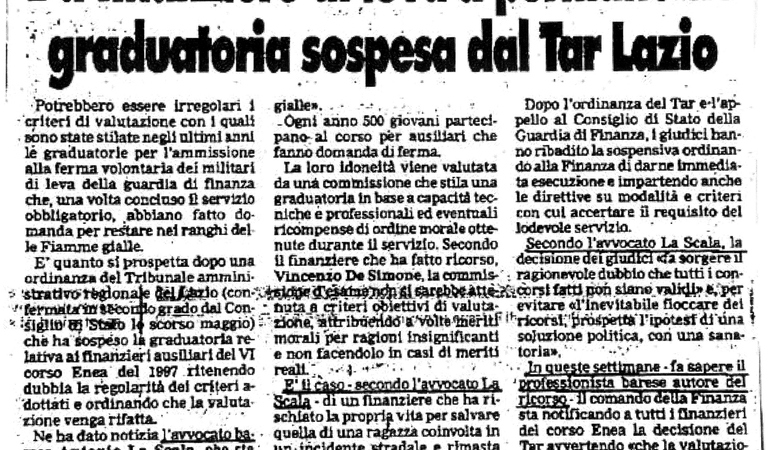 Accolto ricorso sui criteri presentato da avvocato barese. Da finanziere di leva a permanente, graduatoria sospesa dal Tar Lazio