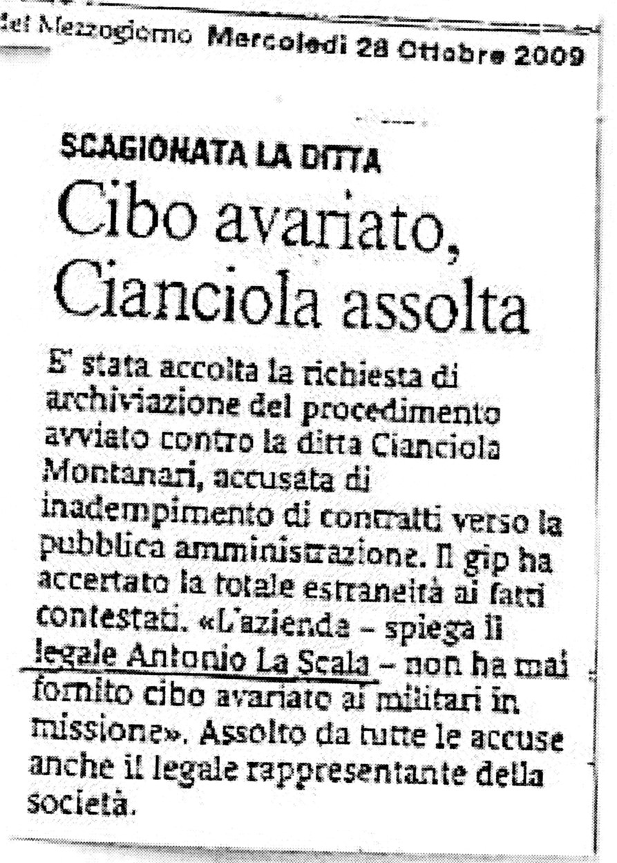 1 Cibo avariato. Cianciola assolta. Accolta la richiesta di archiviazione del procedimento