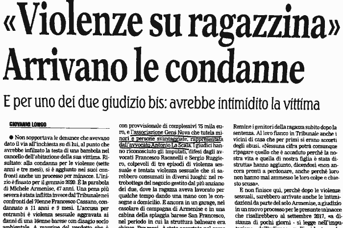 1 Violenze su ragazzina, Gens Nova parte civile nel processo.