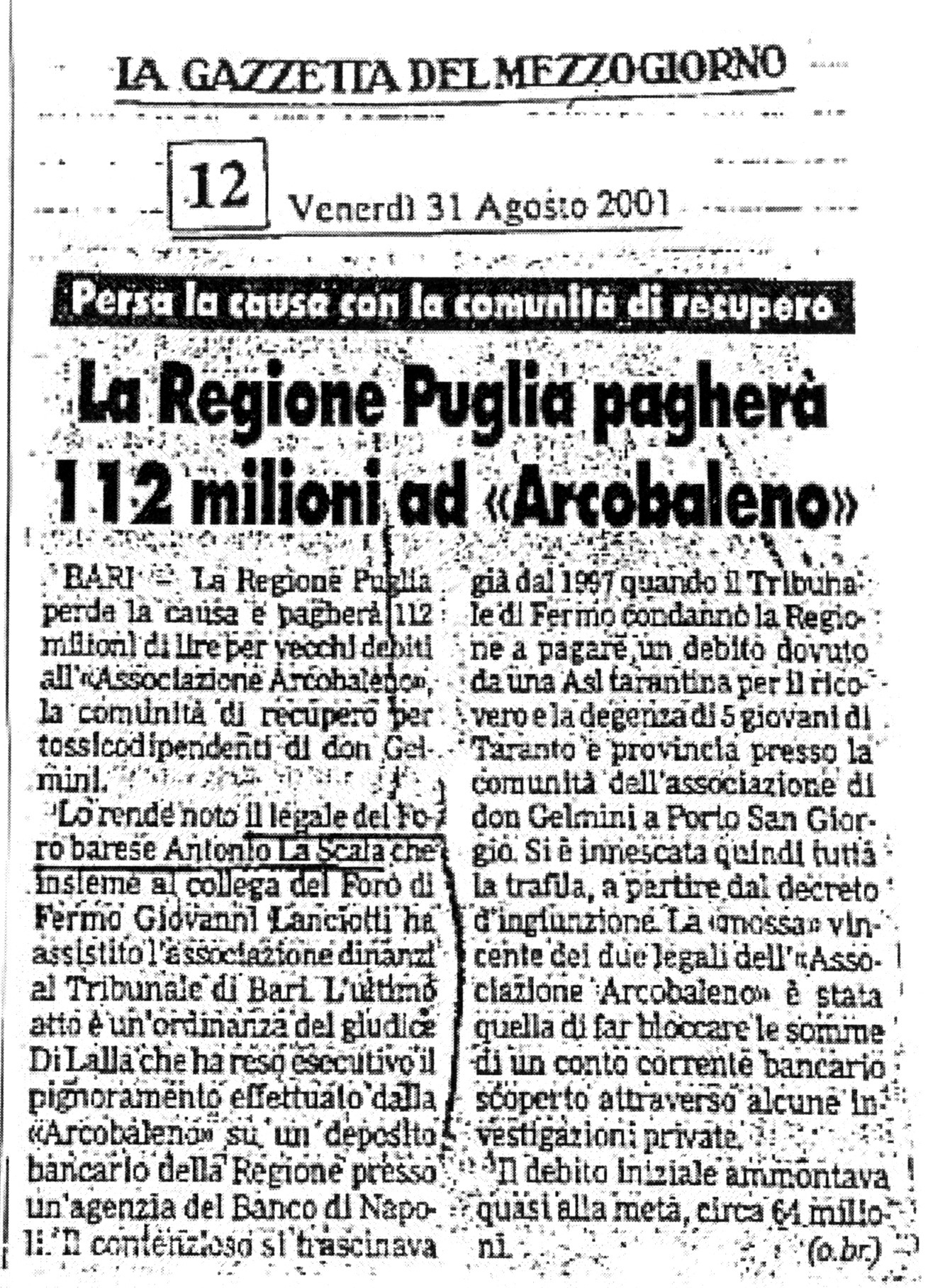 1 La Regione Puglia pagherà 112 milioni ad 