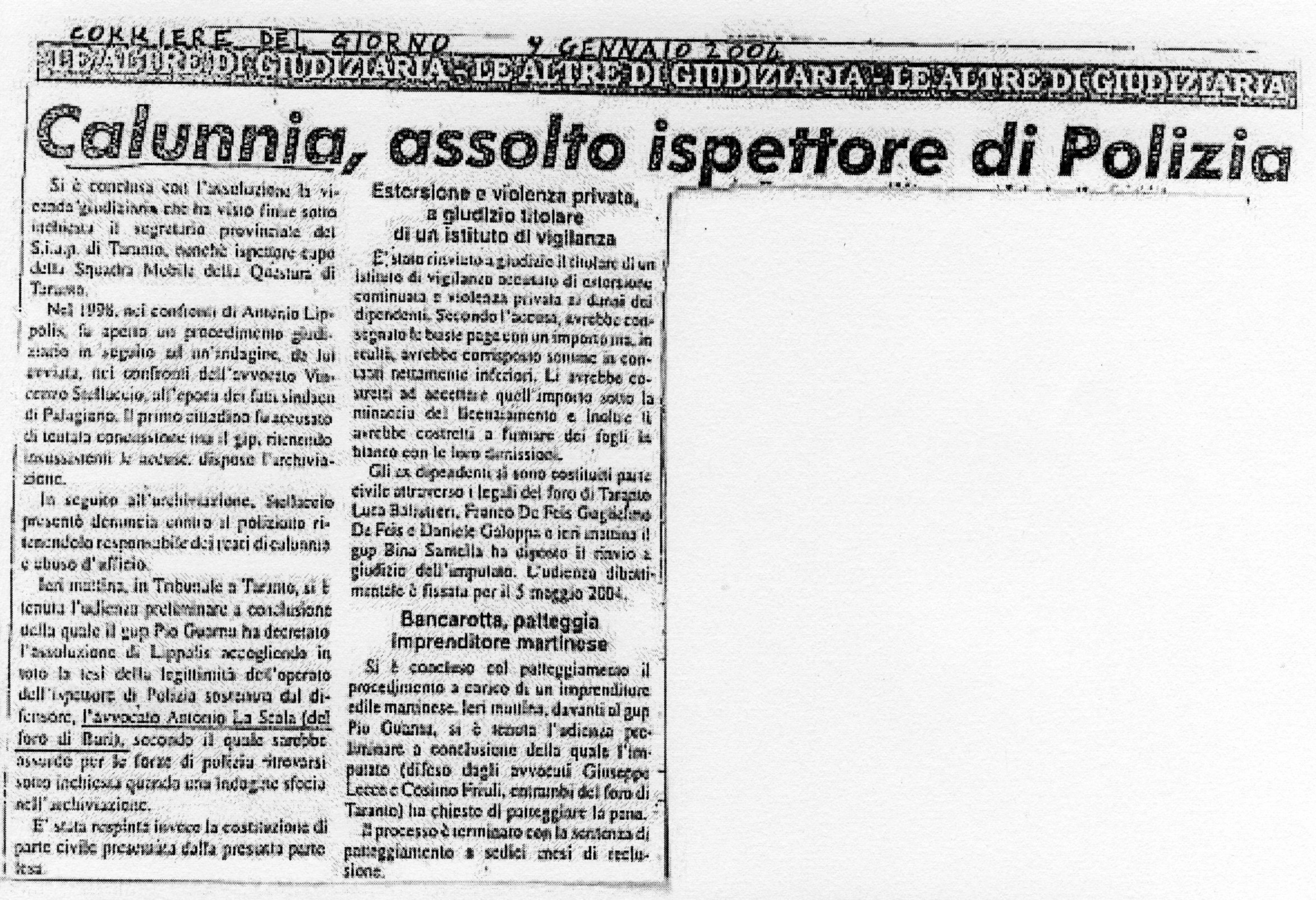 1 Calunnia, assolto ispettore di Polizia