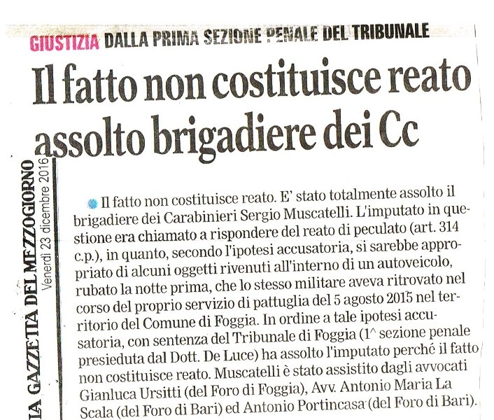 1 Il fatto non costituisce reato assolto brigadiere dei Cc