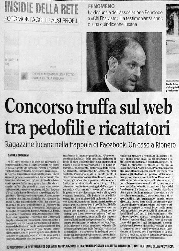 1 Concorso truffa sul web tra pedofili e ricattatori. La denuncia dell'associazione Penelope a Chi l'ha visto.