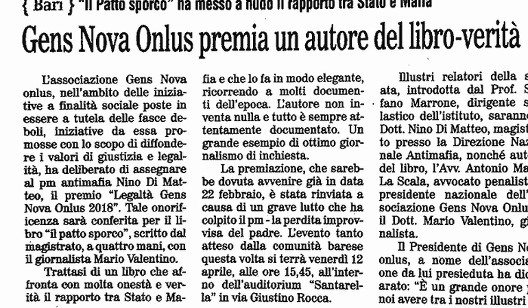 Gens Nova Onlus premia il magistrato Nino Di Matteo.